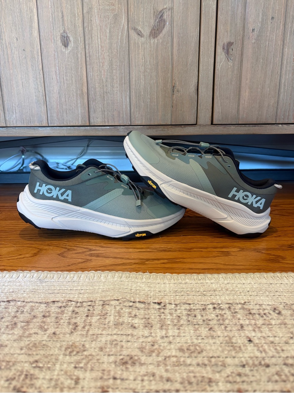 Hoka One One M Transport Shoes, US 8.5, seamoss/eucalyptus color.